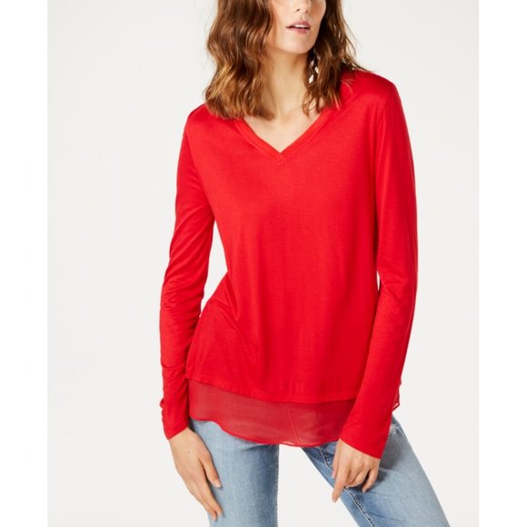 NWT Women Size Small INC International Concepts Red Sheer Trim Basic T-Shirt Top - Picture 1 of 1